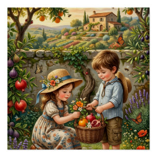Poster Enfants récoltant des pommes dans la campagne rust