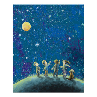 Poster Enfants Regardant Night Sky