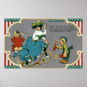 Poster Enfants Tormentant une femme avec des feux d'artif
