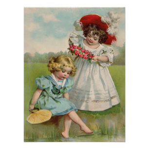Poster Enfants victoriens Vintage Été Filles Jardin