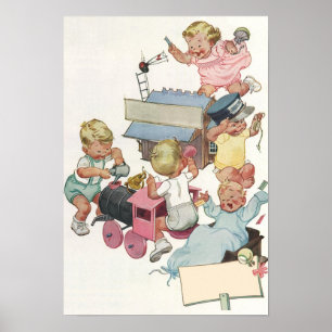 Poster Enfants vintages s'amusant Jouer avec des trains d