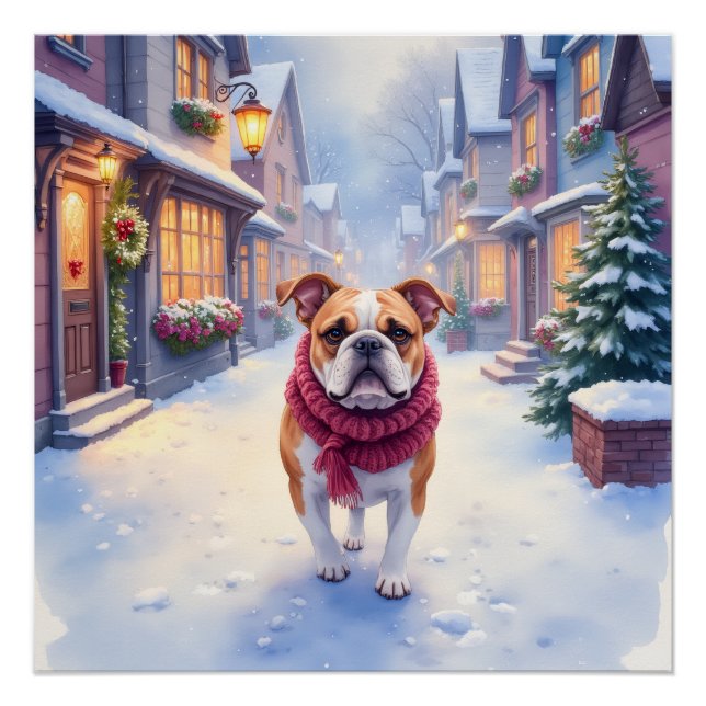 Poster English Bulldog Snowy Christmas Village Holiday (Devant)