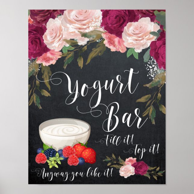 Poster enseigne de bar de yaourt floral bordeaux sur tabl (Devant)