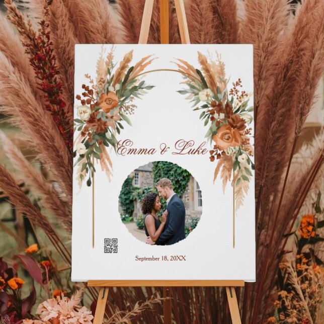 Poster Enseigne de code QR de photo de mariage personnali (Personalized wedding QR code sign with photo, boho florals, custom names, and wedding website.)