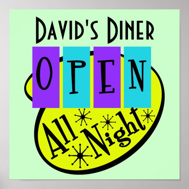 Poster Enseigne de diner Rétro OUVERT TOUTE LA NUIT (Devant)