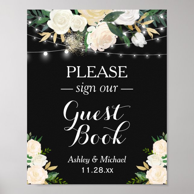 Poster Enseigne de guirlande de fleurs blanches chic Sign (Devant)