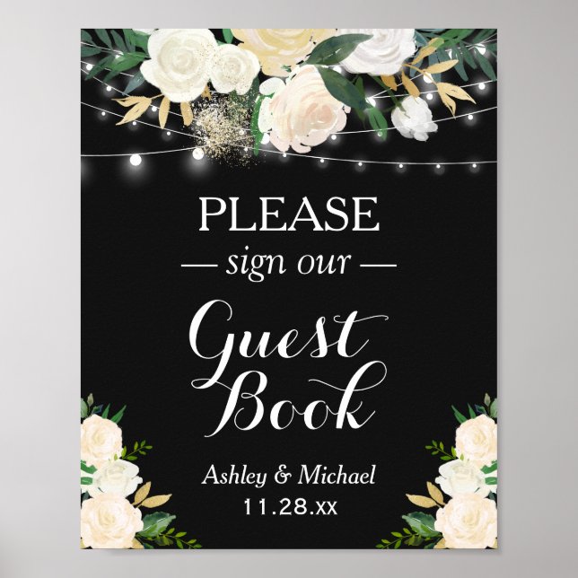 Poster Enseigne de guirlande florale blanche chic Signez  (Devant)
