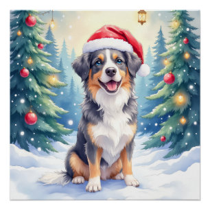Poster Entlebucher Mountain Dog Forêt enneigée Père Noël