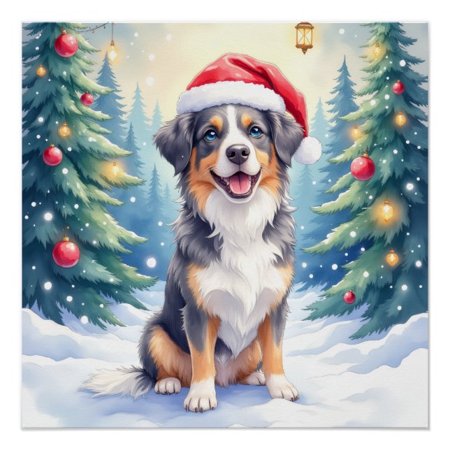 Poster Entlebucher Mountain Dog Forêt enneigée Père Noël (Devant)