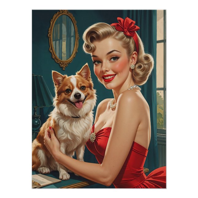 Poster Épingle blonde souriante en robe rouge avec chien  (Devant)