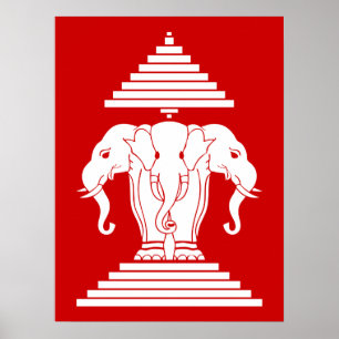 Poster Erawan Trois éléphant en tête Lao / Laos Drapeau