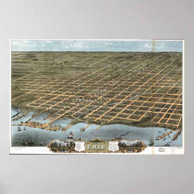 Poster Erie Pennsylvania 1870 Antique Panoramic Map (Devant)