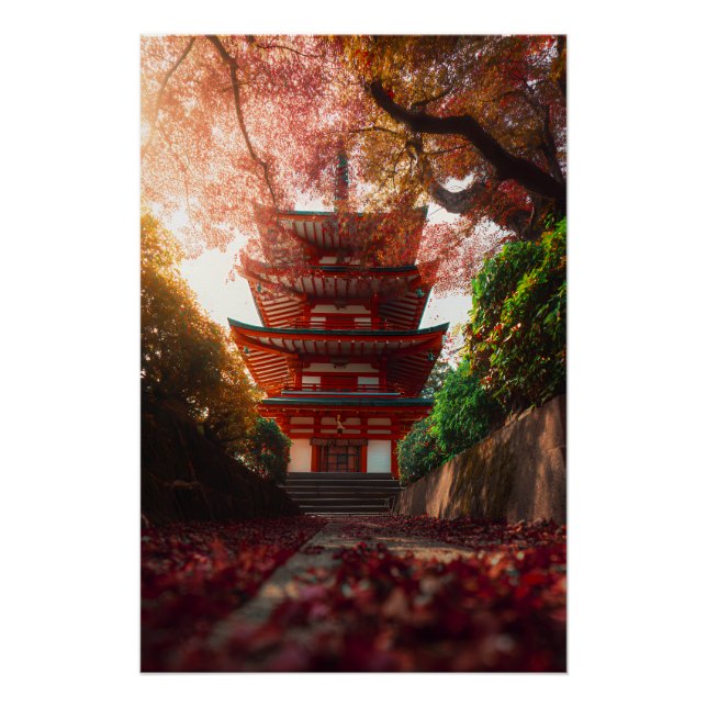 Poster Escalier du temple de la pagode d'érable en automn (Devant)