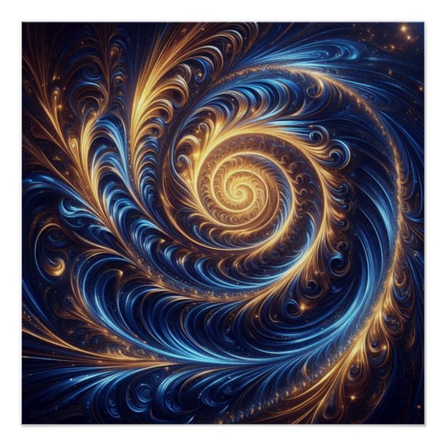 Poster Espace Abstrait moderne Royal Blue et Gold Swirls (Devant)