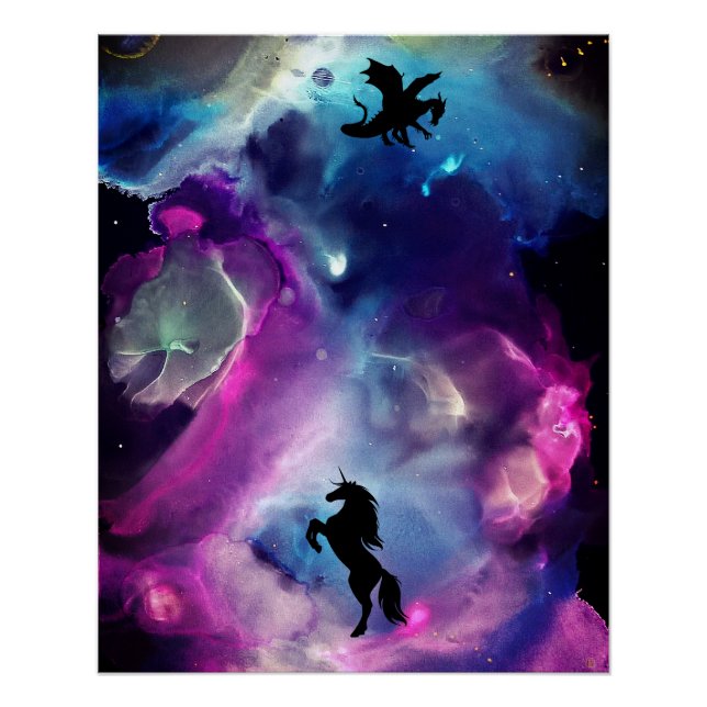 Poster Espace Imaginaire Nebula Unicorn Dragon bleu rose (Devant)