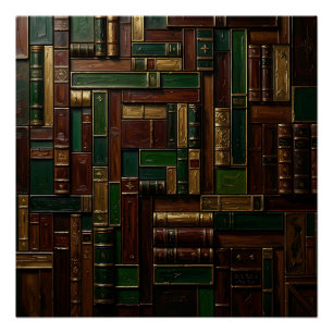 Poster Étagère de bibliothèque antique verte et dorée 