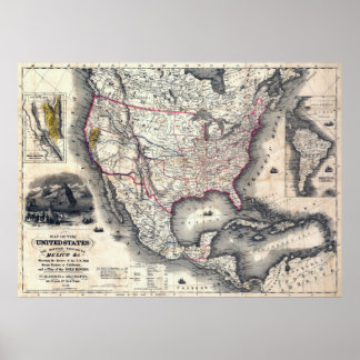 POSTER ÉTATS-UNIS CALIFORNIE GOLD RUSH MAP 1849