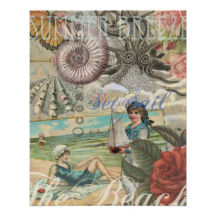 Poster été plage vintage pieuvre antique voile