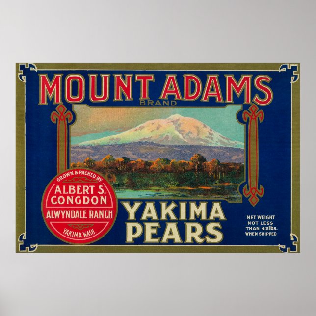 Poster Étiquette du cadran de poire du mont Adams Yakima, (Devant)
