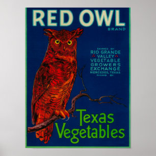 Poster Étiquette végétal de hibou rouge