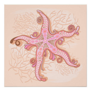 Poster Étoiles de mer et motif pastel rose corail