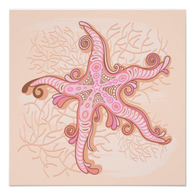 Poster Étoiles de mer et motif pastel rose corail (Devant)