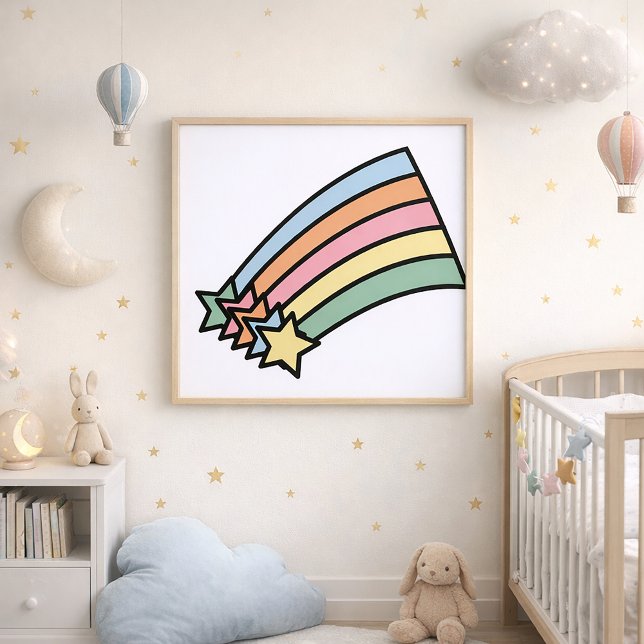 Poster Étoiles de tir et arc-en-ciel (A poster featuring shooting stars and a rainbow in pastel colors.)