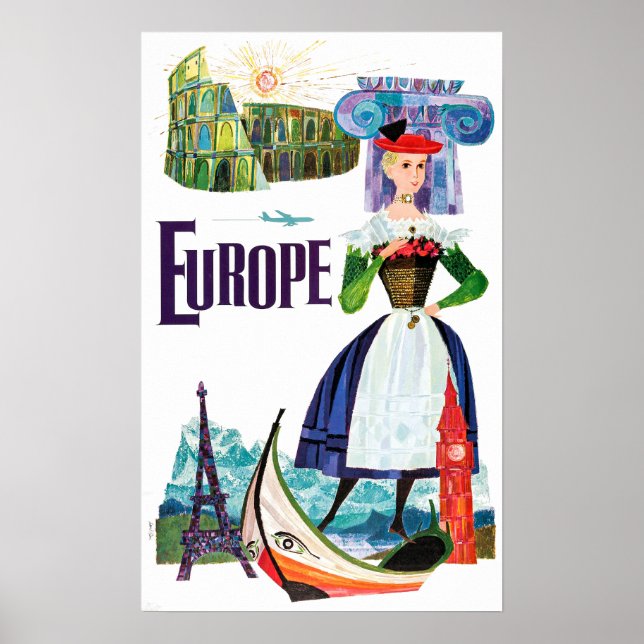 Poster Europe vintage Voyage Paris Venise, Rome, Grèce (Devant)