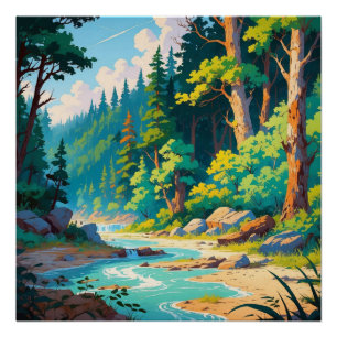 Poster Évasion de la rivière Mountain - Paysage forestier