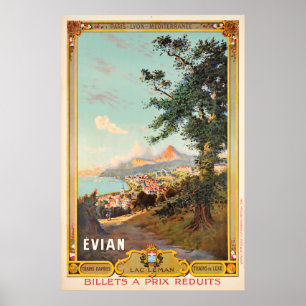 Poster Evian, laque Léman, Paris - Lyon - Méditerrannée
