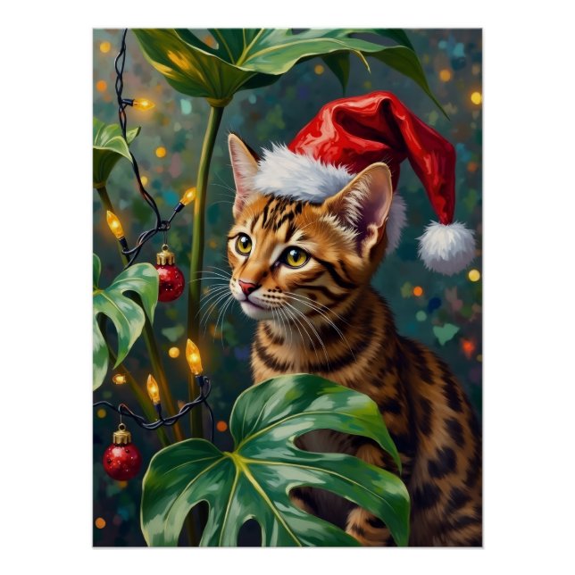 Poster Exotic Bengal Cat Jungle Christmas Playtime Art (Devant)