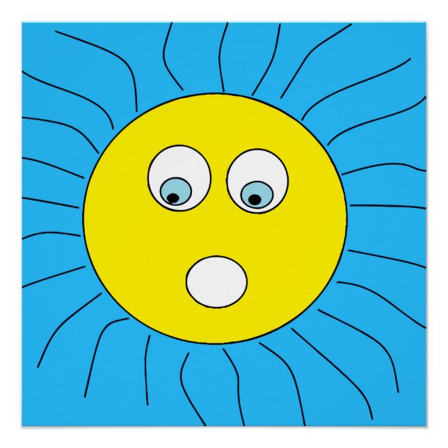 Poster Expression rayée amusante Dessin face soleil bleu (Devant)