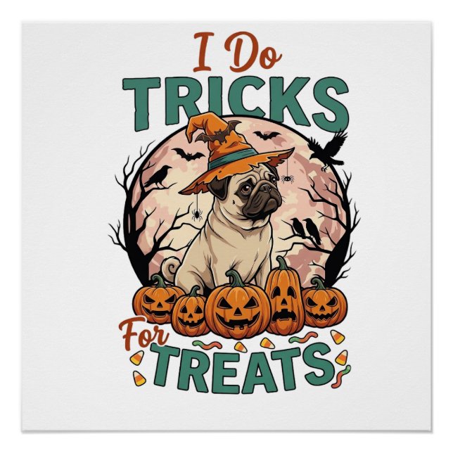 Poster Faire des tours friandises Halloween Pug Sorcière  (Devant)