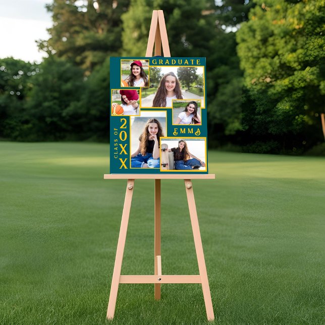 Poster Faire-part de graduation verte et or Multi Photo (Green and Gold Graduation Announcement Multi Photo Poster)