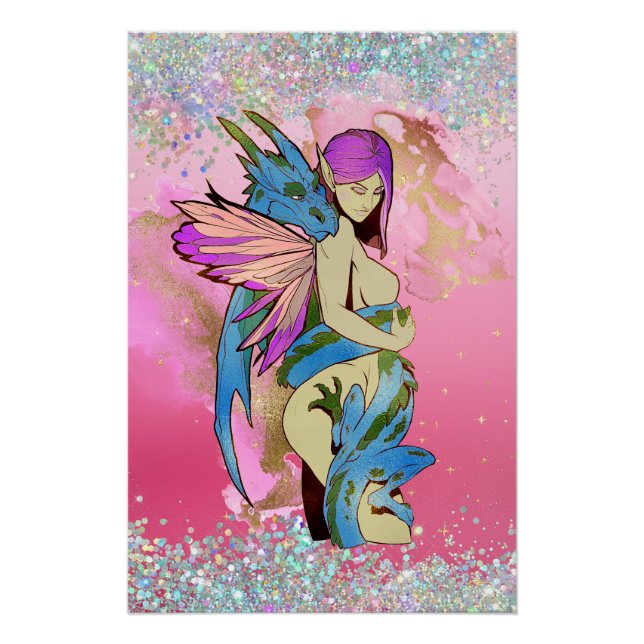 Poster Fairy and Dragon On Pink Dd Marque Skateboard (Devant)