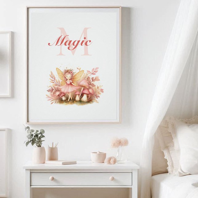 Poster Fairy Princess Magic rose Monogramme Inspiration (enchanted garden fairy princess mushrooms nursery kids decor poster personalized monogram magic)