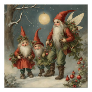 Poster Fairy Tale Christmas Gnome Family in Winter Forest