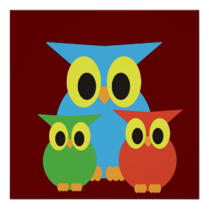 Poster Famille de hiboux : bleu, vert et rouge