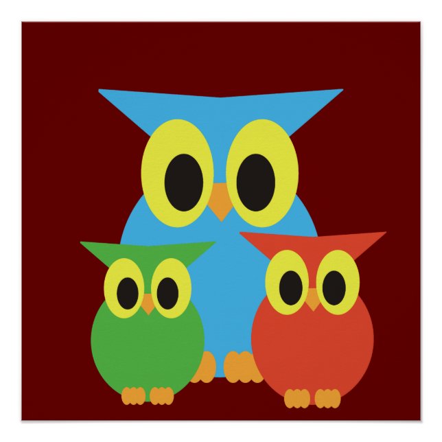 Poster Famille de hiboux : bleu, vert et rouge (Devant)