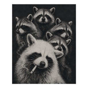Poster Famille de ratons laveurs vintage noir et blanc