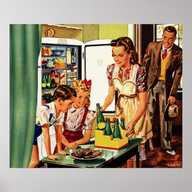 Poster Famille vintage dans la cuisine Maman Papa Enfants (Devant)
