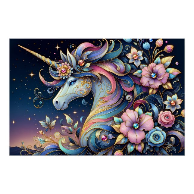 Poster Fantaisie de nuit de licorne florale (Devant)