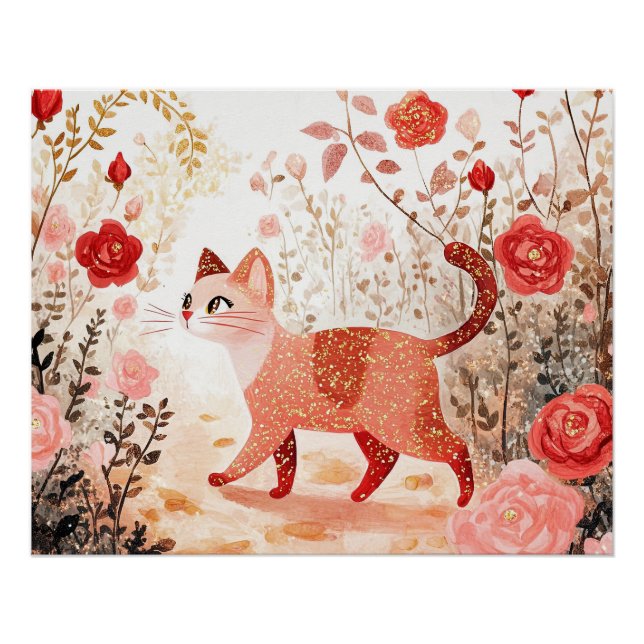 Poster Fantaisiste. Chat dans un jardin de roses. (Devant)