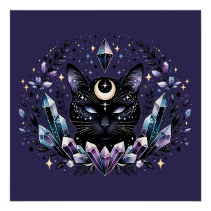 Poster Fantastique Chat Noir Cristal Ésotérique