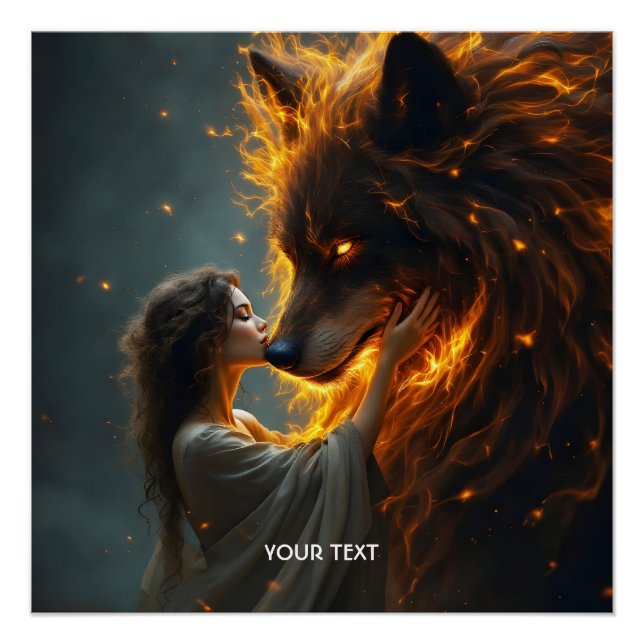 Poster Fantastique Fille Loup Mignonne Feu (Devant)