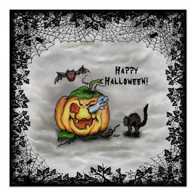 Poster Fantôme, Chat, Chat et Citrouille, Bonne Halloween (Devant)