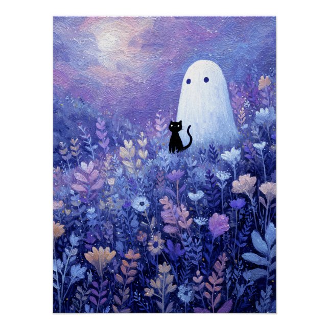 Poster Fantôme et chat de Whimsical dans la prairie de Tw (Devant)