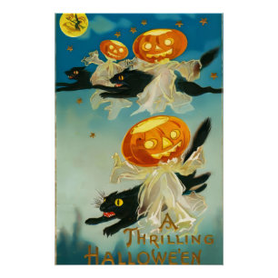 Poster Fantômes Citrouilles vintages d'Halloween et chats