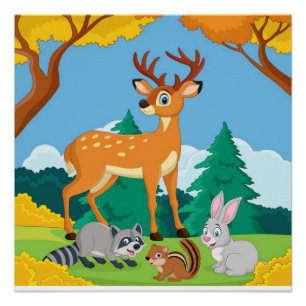 Poster Faune Raton laveur Tamia Lapin Cerf Paysage d'auto