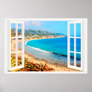 Poster Faux Window avec Beach Ocean